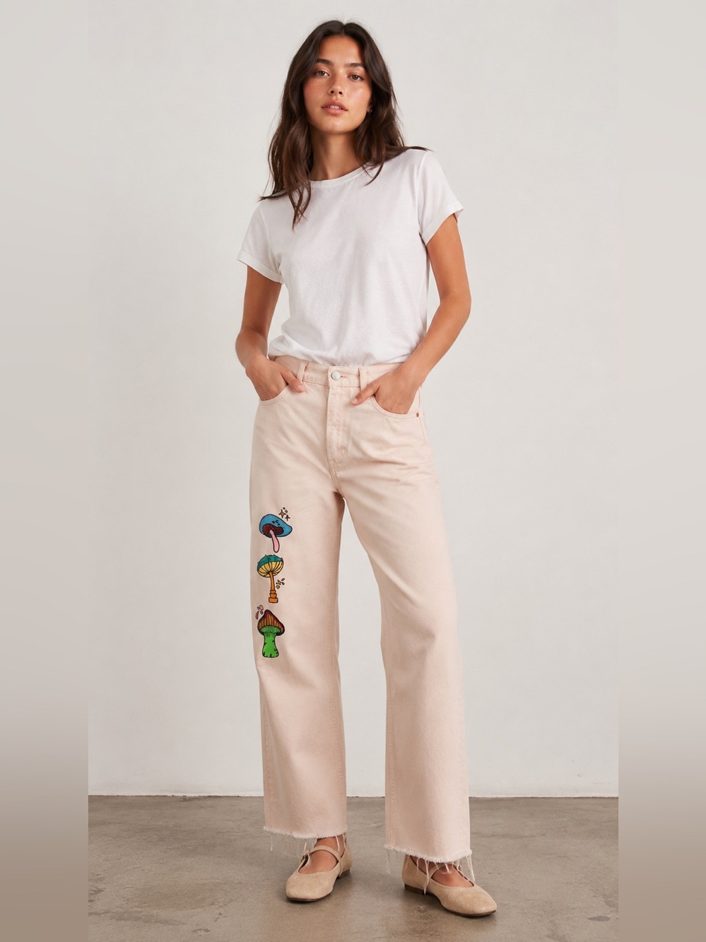 Zara Hand painted pink mushroom print straight leg jeans